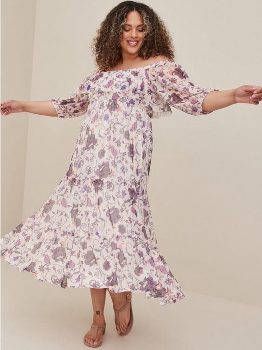 Torrid Off Shoulder Puff Sleeve Tiered Maxi Dress Mesh Floral Grey & Purple 2XL